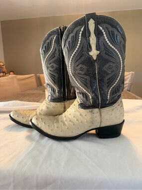 Men's Two-Tone Western Ostrich Leather Boots - White & Black size 11
